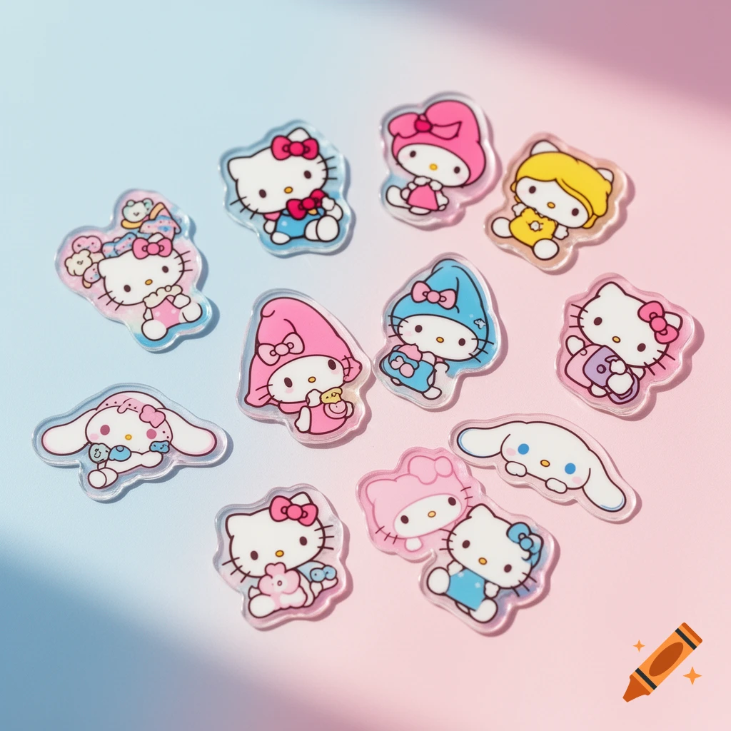 A collection of colorful Sanrio character stickers, including Hello Kitty, My Melody, and Cinnamoroll, on a pink and blue gradient background.