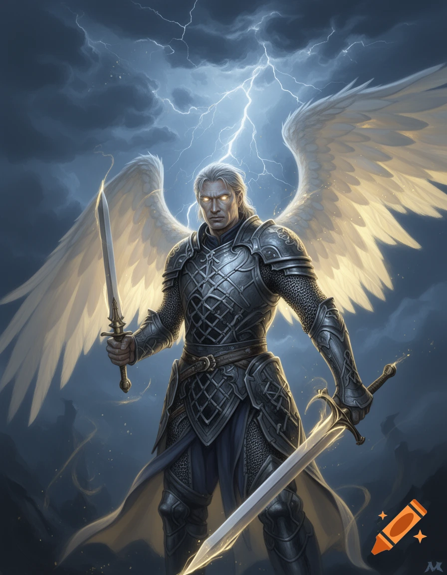 A powerful armored angel warrior with glowing eyes and large white ...