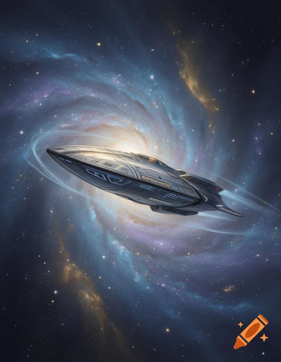 A sleek silver spaceship with the text "EXPEDITION33" flies through a vibrant, swirling blue, purple, and gold galaxy.