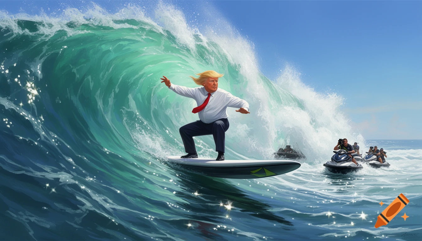 Illustrated caricature of Donald Trump surfing a large ocean wave, with photographers on jet skis in the background.