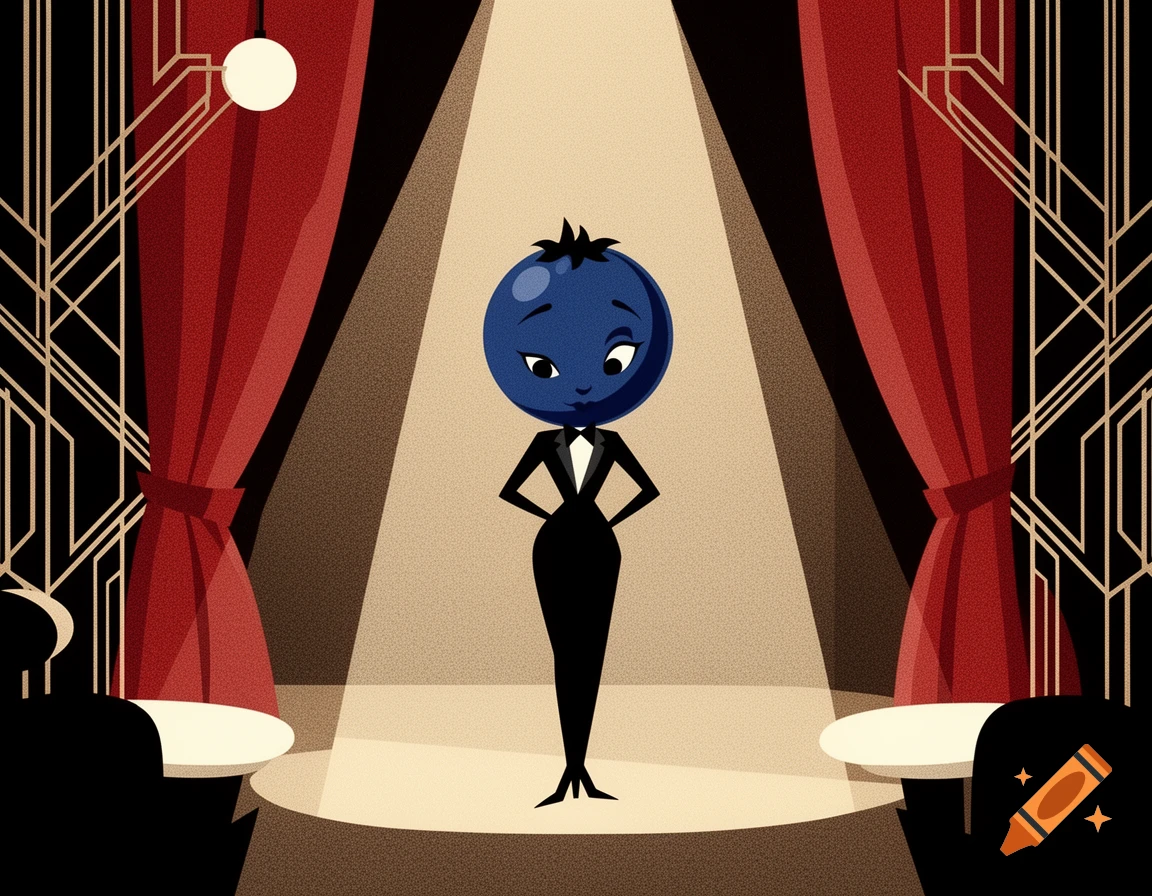 A retro cartoon blueberry character in a black tuxedo stands under a spotlight on an Art Deco stage with red curtains.