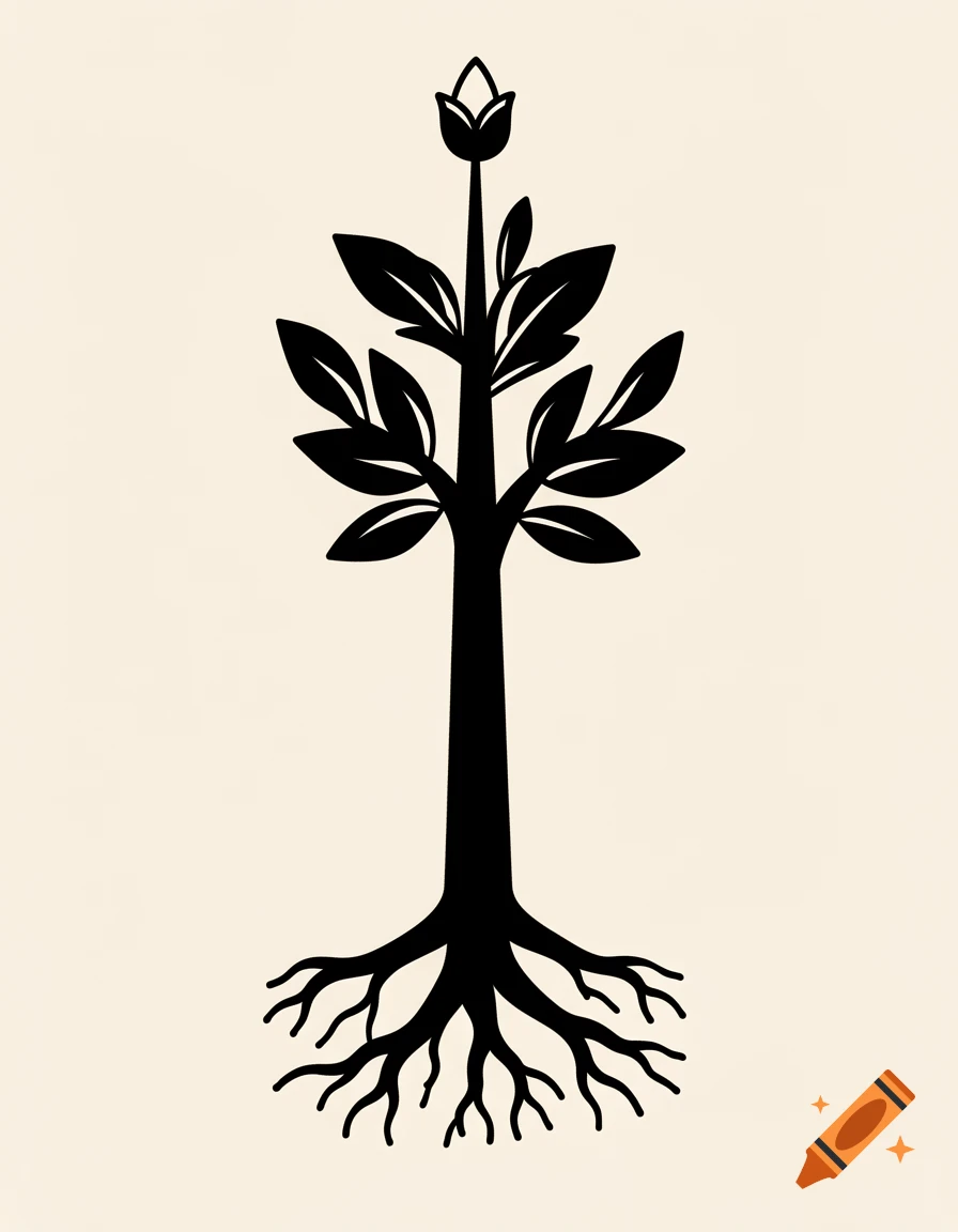 A minimalist black silhouette of a tree with prominent roots, a straight trunk, simple leaves, and a single bud on top, on a light beige background.