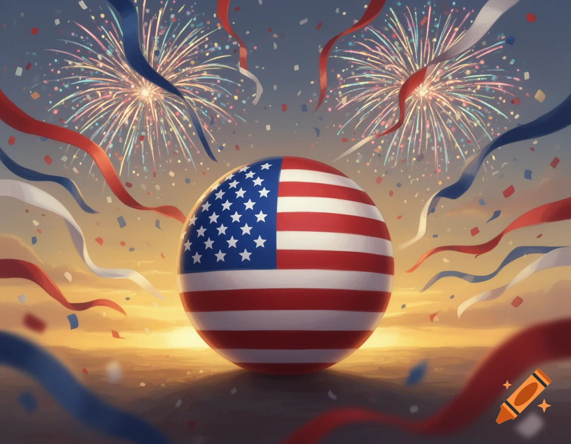 Stylized American flag sphere surrounded by red, white, and blue ribbons, confetti, and fireworks at sunset.
