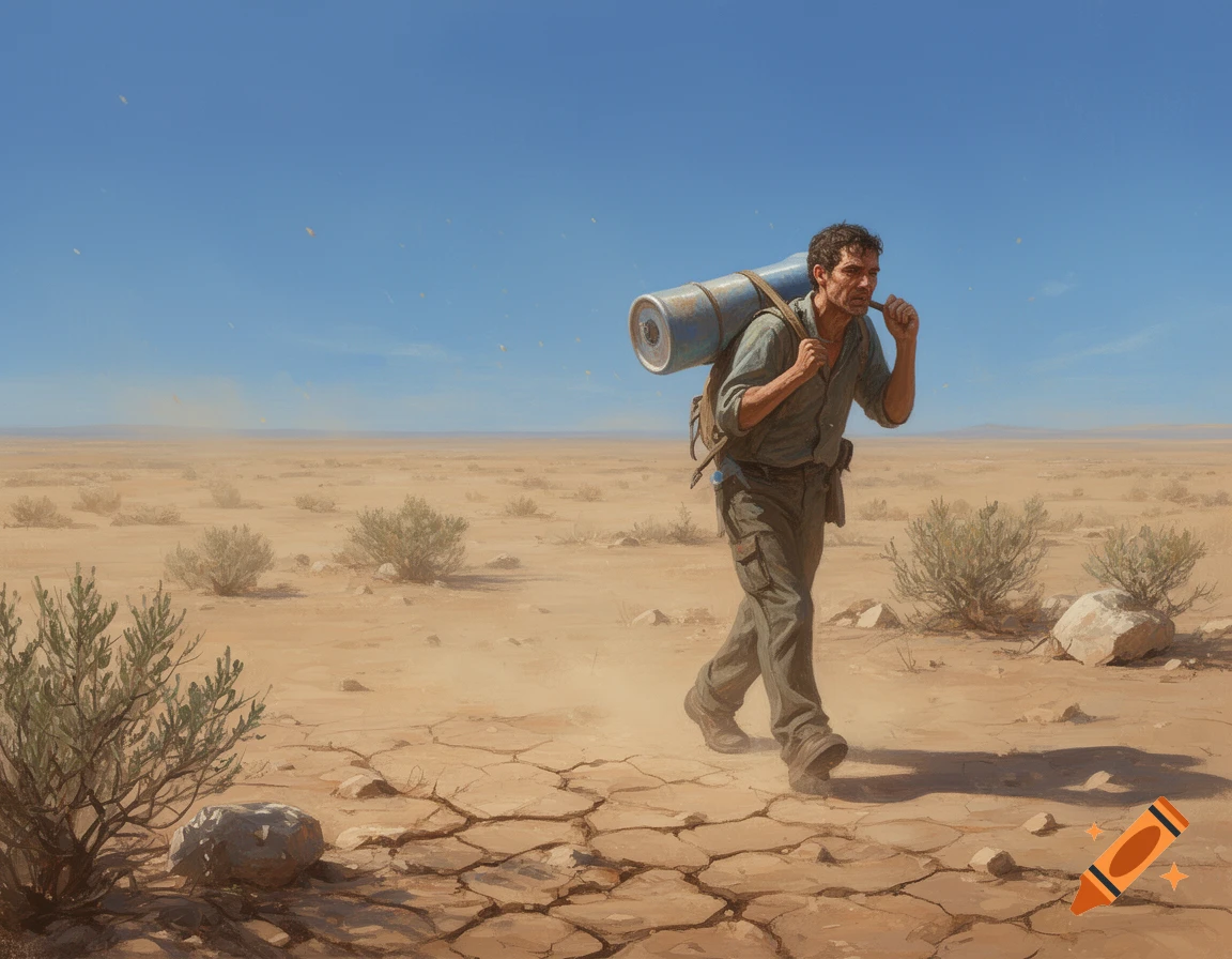 A man carrying a large pack walks across a vast, cracked desert under a clear blue sky, depicted in a realistic painting style.
