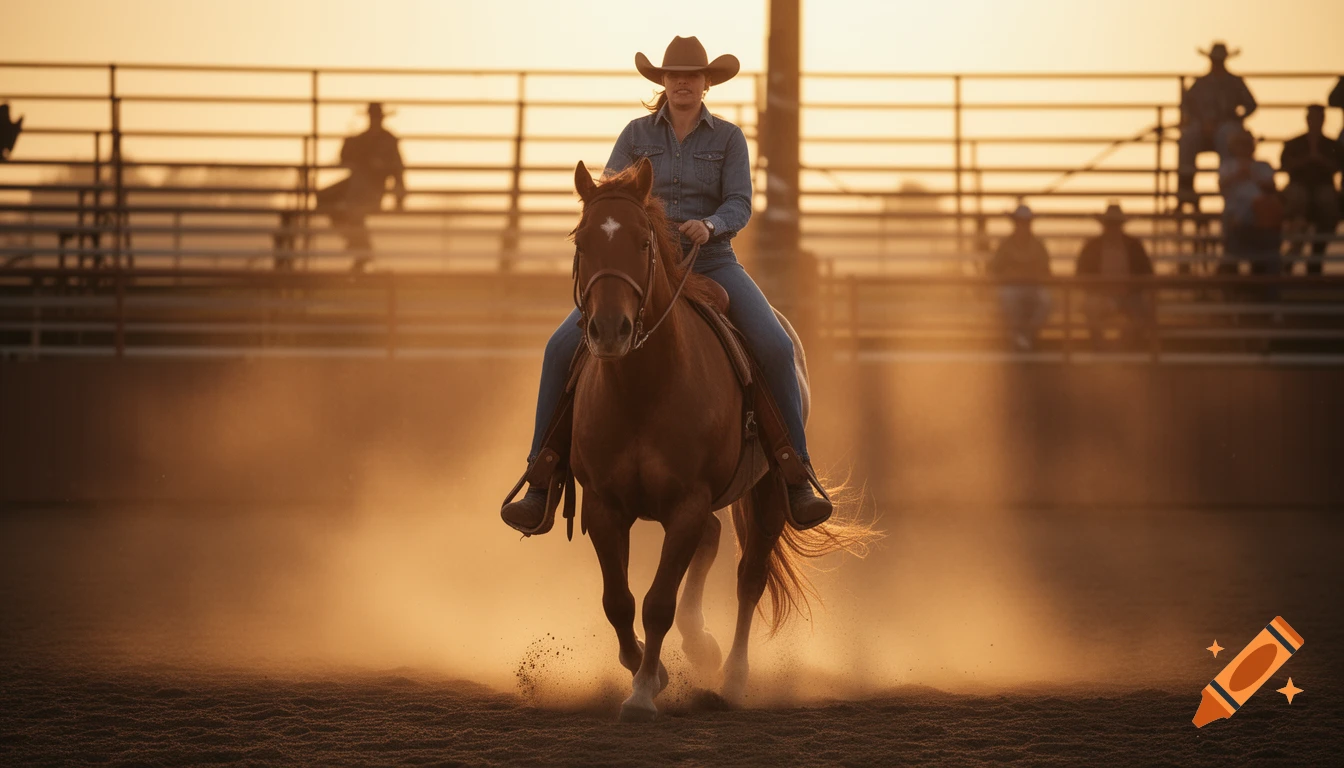 A cowgirl in a cowboy hat rides a horse through a dusty western arena at sunset, kicking up sand.