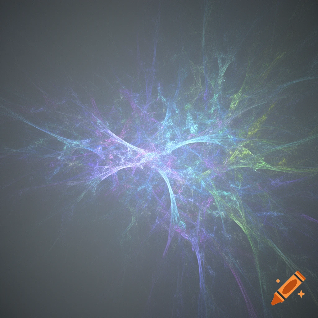 A vibrant abstract fractal with branching lines in shades of blue, purple, and green against a dark gray background.