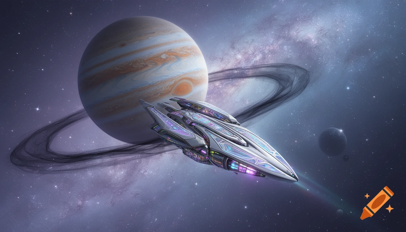 A futuristic spaceship with colorful lights flies near a large, ringed Jupiter-like planet in a starry galaxy.