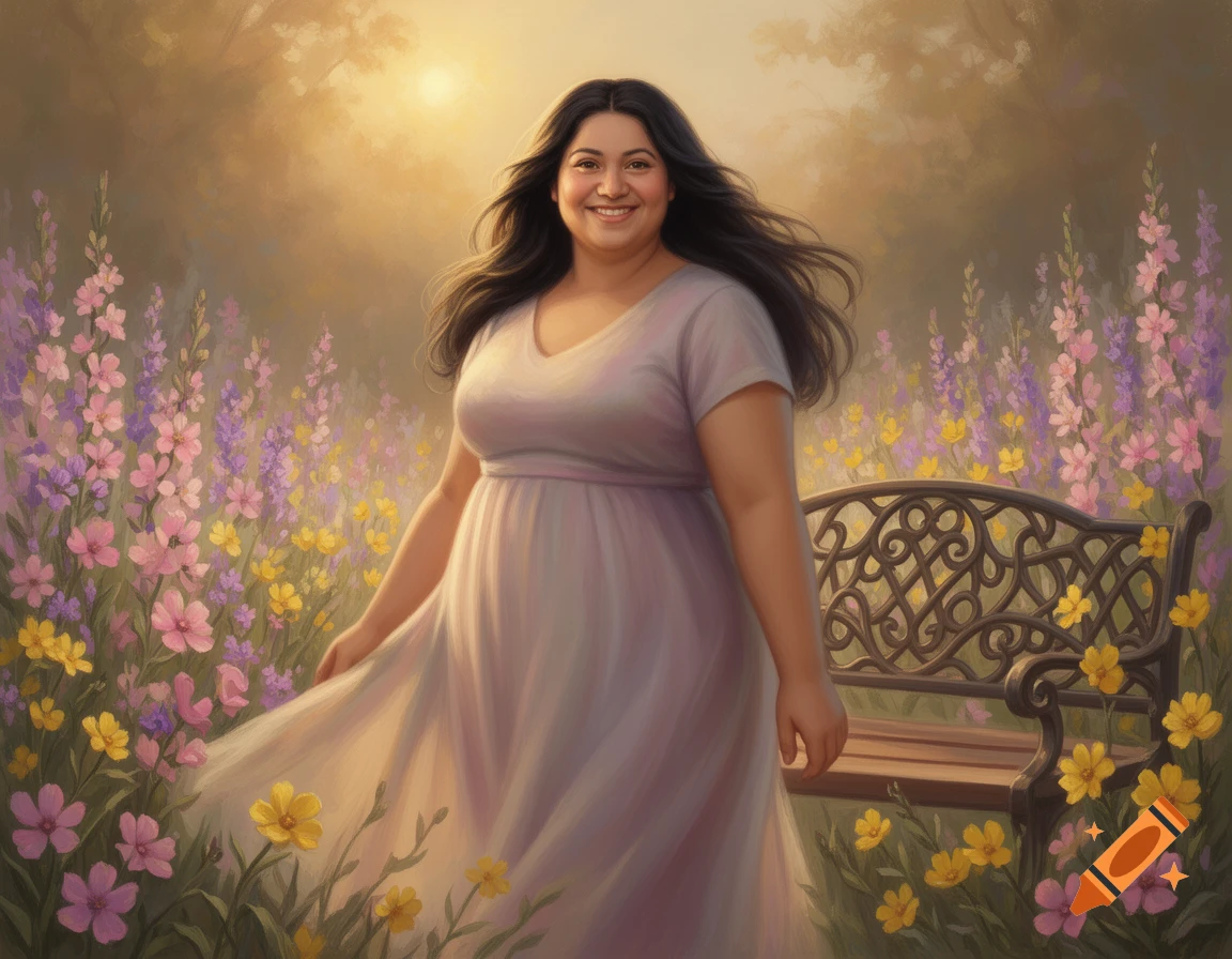 A smiling dark-haired woman in a light dress stands in a sunlit field of pink, purple, and yellow flowers next to a decorative bench, digital painting.