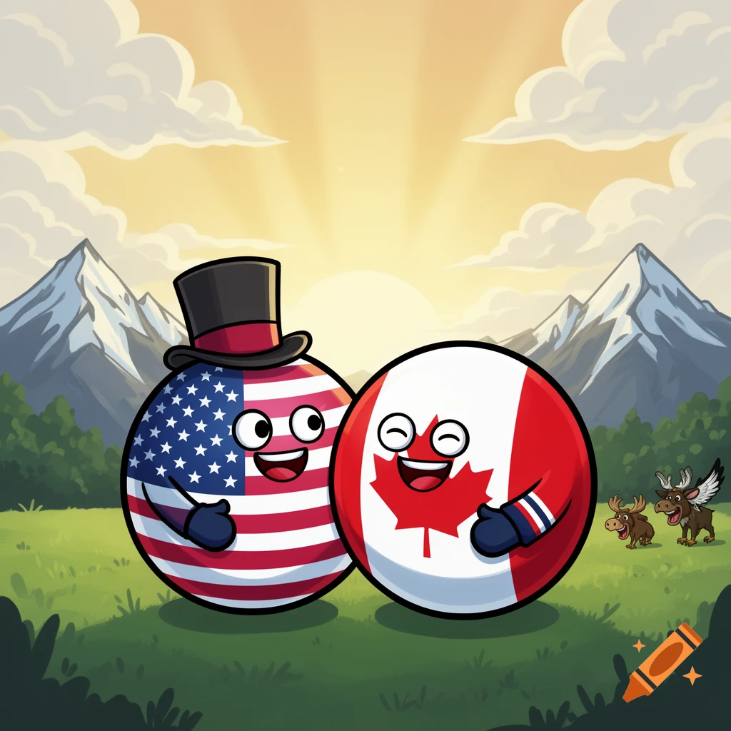 Cartoon USA countryball in a top hat hugging Canada countryball in a scenic mountain landscape with a sunrise.