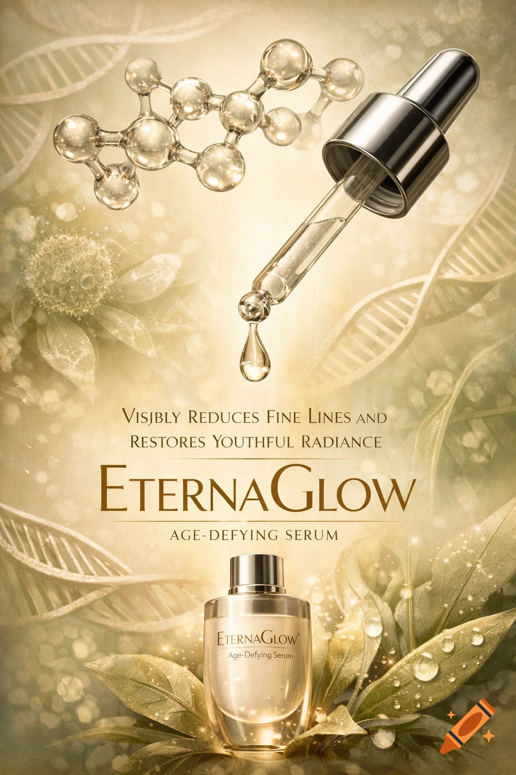 Gold-toned advertisement for EternaGlow anti-aging serum with a dropper, product bottle, DNA strands, and molecules.