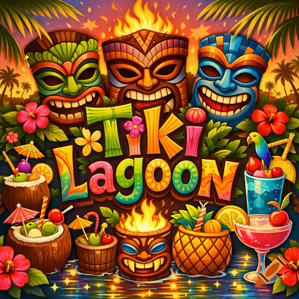 Vibrant cartoon album cover for 'Tiki Lagoon' with three large tiki masks, colorful text, tropical cocktails, flowers, and palm trees.