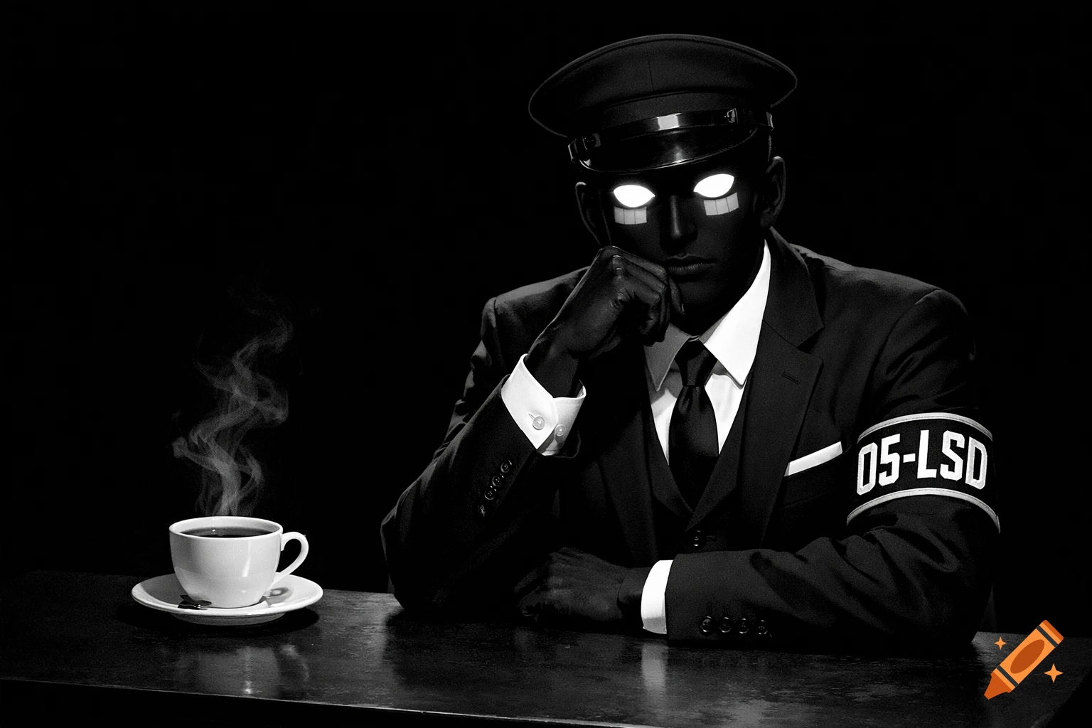 A stylized man with pure black skin, glowing white square eyes, in a suit and military cap, sits at a desk with steaming coffee.