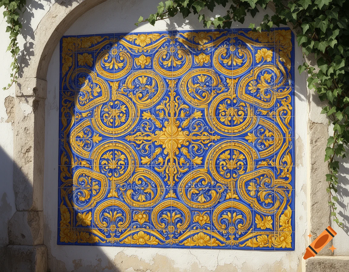 Vibrant blue and yellow Portuguese mosaic tiles on a sunlit wall with an arched alcove and green ivy.