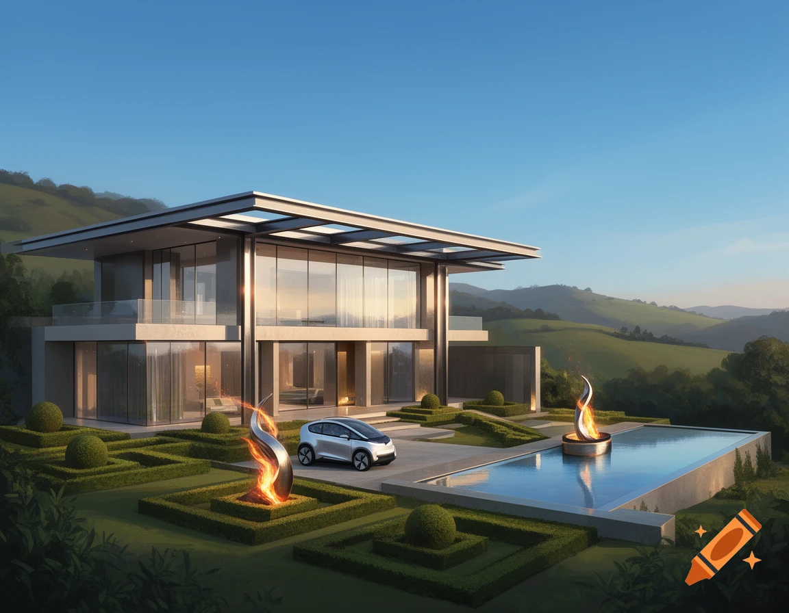 A modern luxury mansion with glass walls, a white electric car, a pool ...