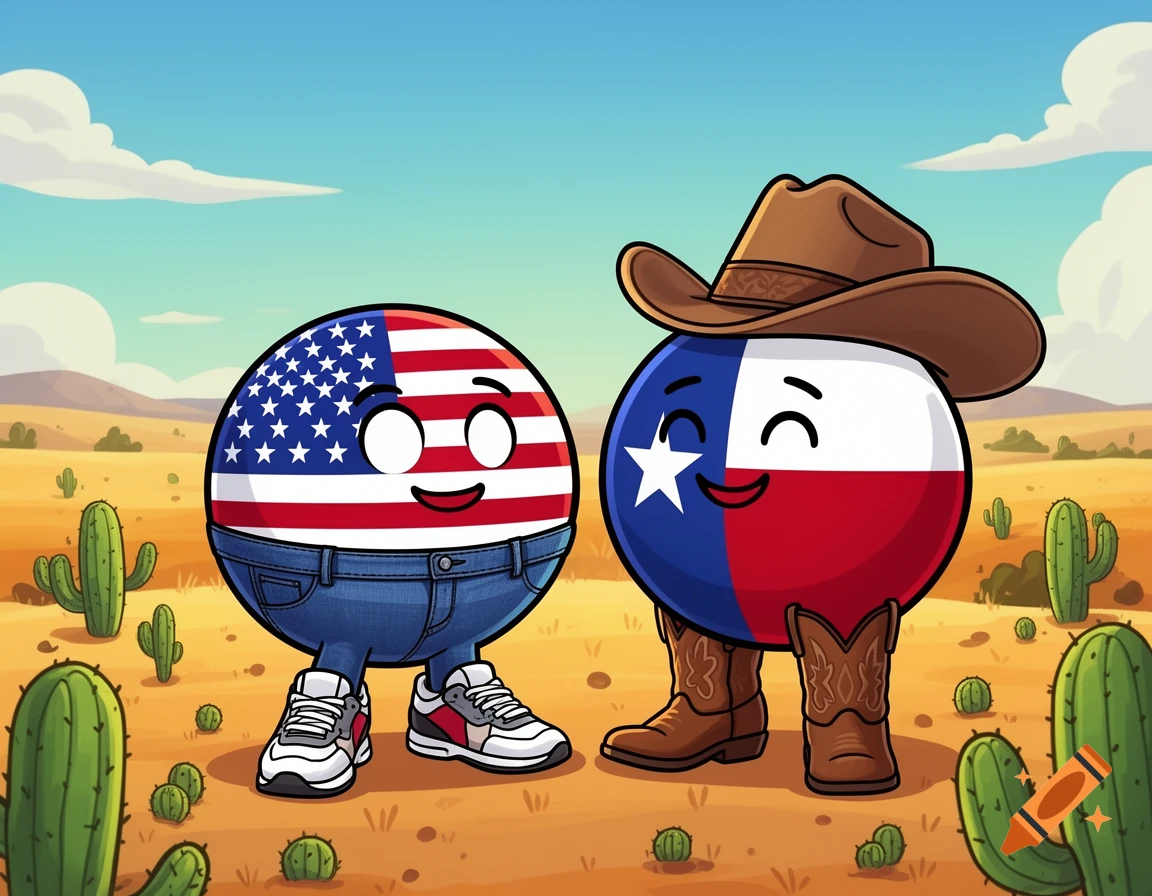 Cartoon USA countryball in jeans and sneakers stands next to Texas countryball wearing a cowboy hat and boots in a desert.