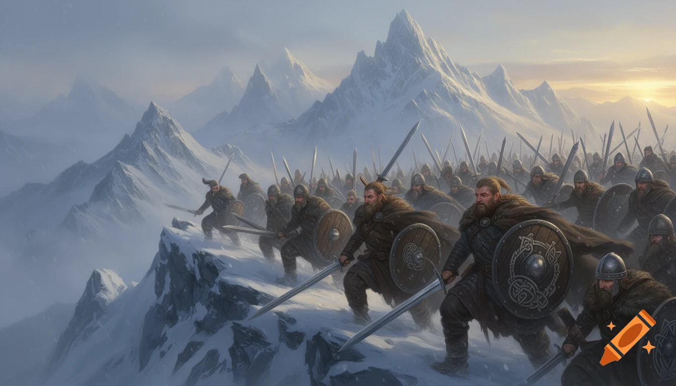 An army of bearded Vikings in fur cloaks, armed with swords and shields, marching across a snowy mountain range.