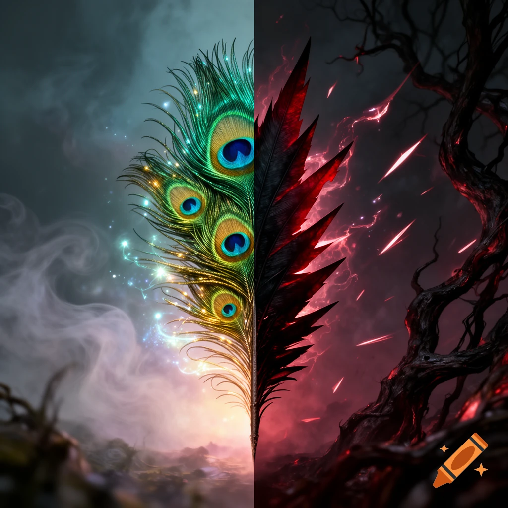 A vertical split image showing a vibrant peacock feather against a magical sky on the left, and a dark, spiky feather against a stormy, red-lit sky on the right.