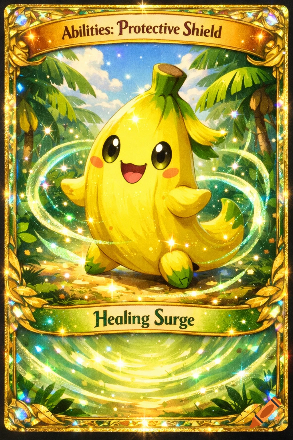 A friendly, cute banana monster on a glittering fantasy trading card with text 'Abilities: Protective Shield' and 'Healing Surge' in a jungle setting.