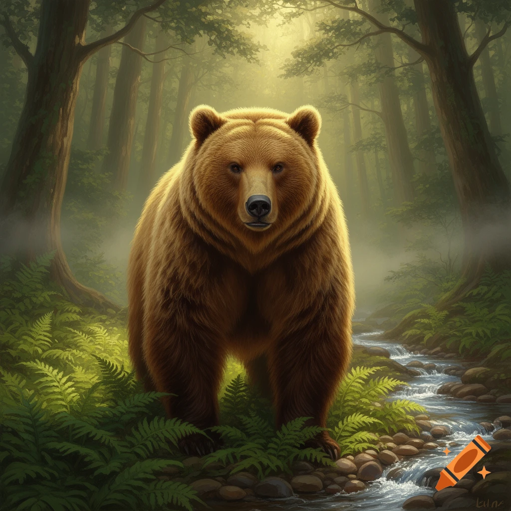 A photorealistic brown bear stands in a misty, sunlit forest with a ...