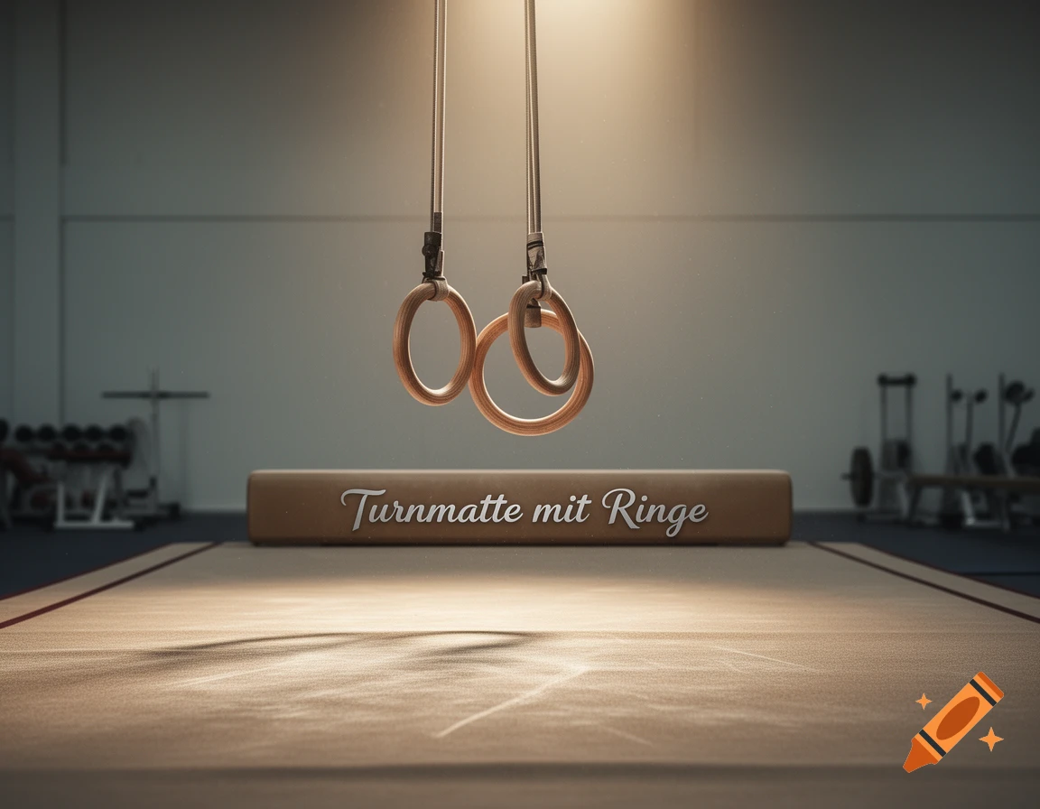 Photorealistic image of gymnastic rings hanging above a mat in a well-lit gym, with the text 'Turnmatte mit Ringe' on a beam.