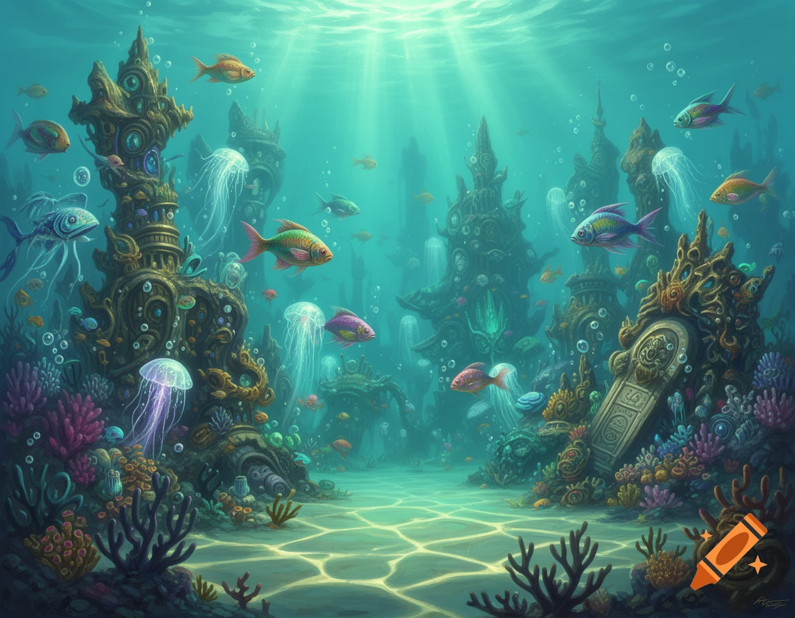 Vibrant fantasy underwater scene with colorful fish, glowing jellyfish, and intricate coral structures illuminated by light rays.