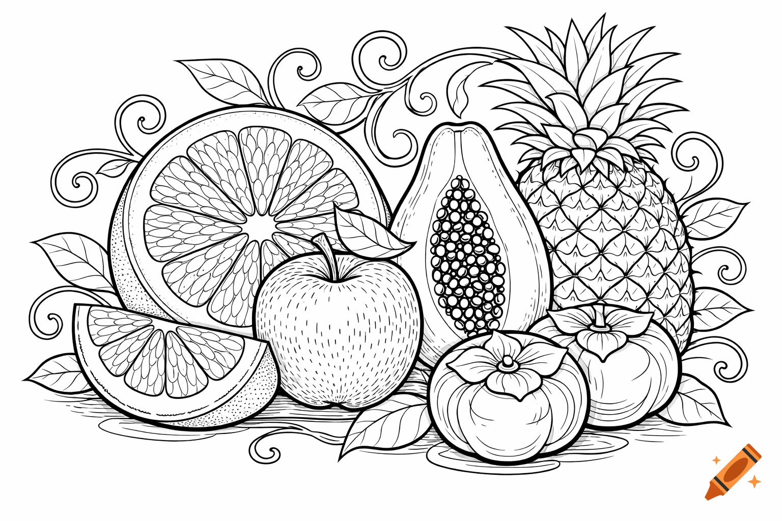 Black and white line art illustration of various fruits including an orange, apple, papaya, pineapple, and persimmons, surrounded by decorative leaves.
