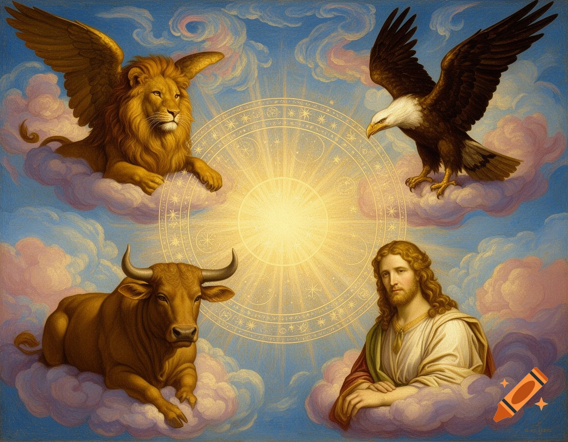 Renaissance painting of a winged lion, eagle, bull, and a figure resembling Jesus, resting on clouds around a glowing symbolic circle in a blue sky.