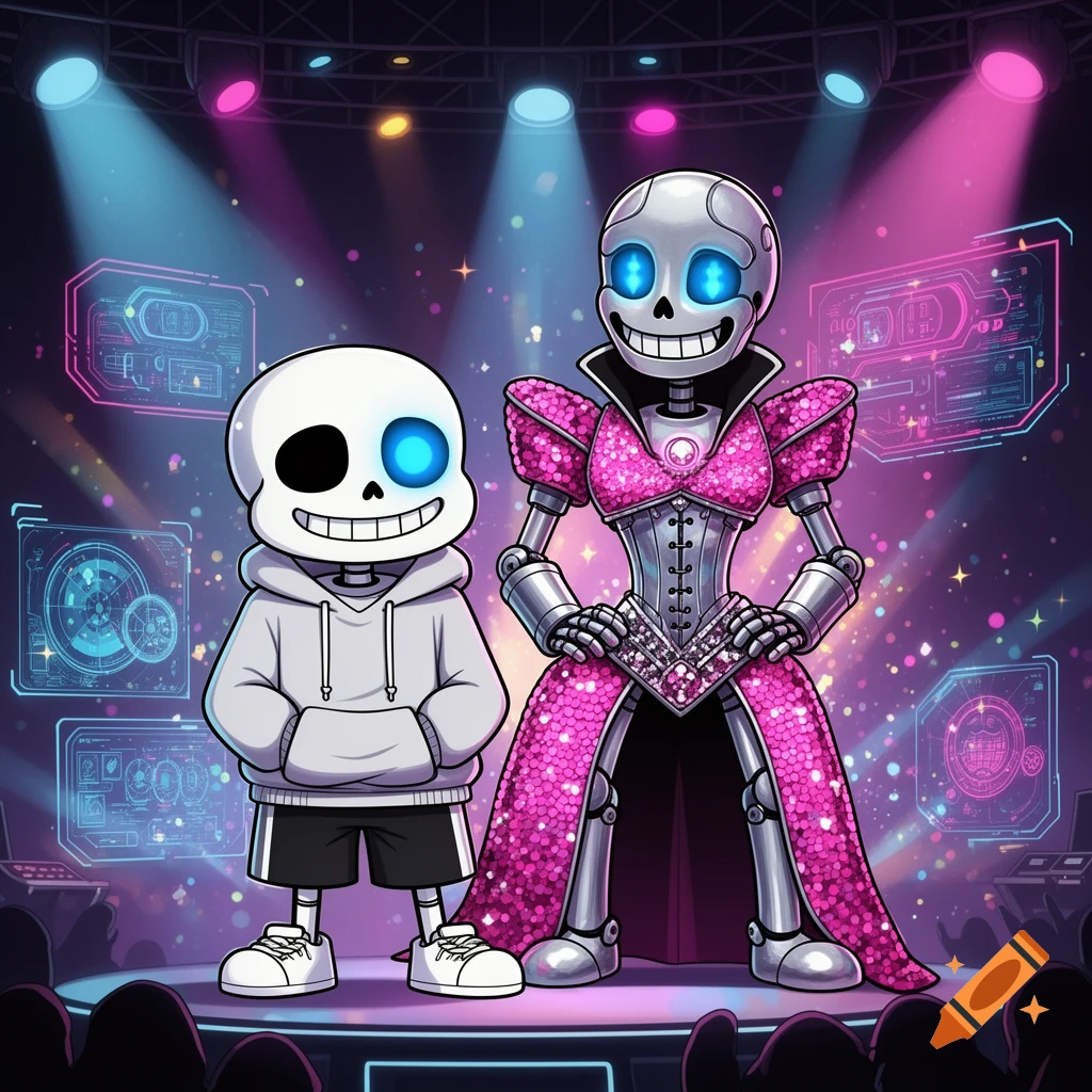 Cartoon skeletons, Sans and Mettaton EX, stand on a brightly lit stage with glowing screens in a vibrant, futuristic style.