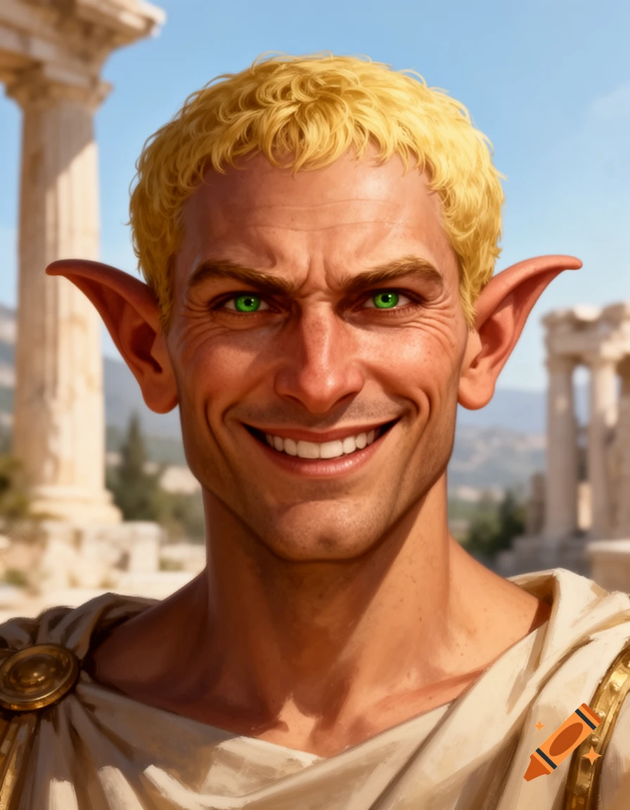 A grinning man with blond hair, green eyes, and long elf-like ears, wearing ancient Greek robes in front of ruins.