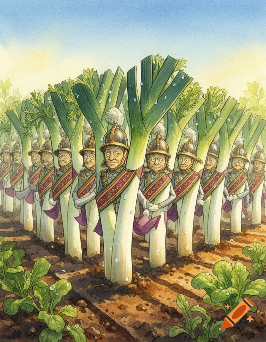 A watercolor illustration of a battalion of leek soldiers in uniforms standing in rows in a field.