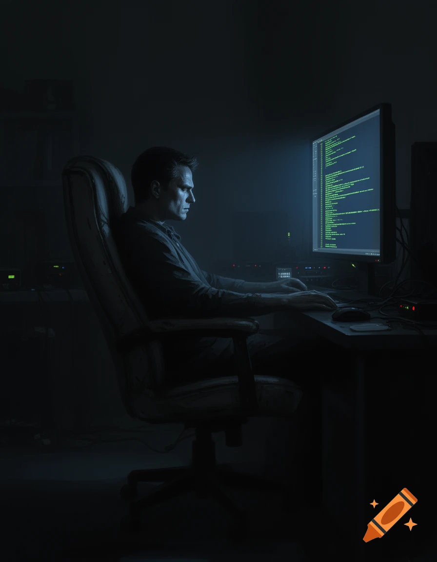 A man sits in a dark room, his side profile illuminated by green code on a computer monitor as he types.
