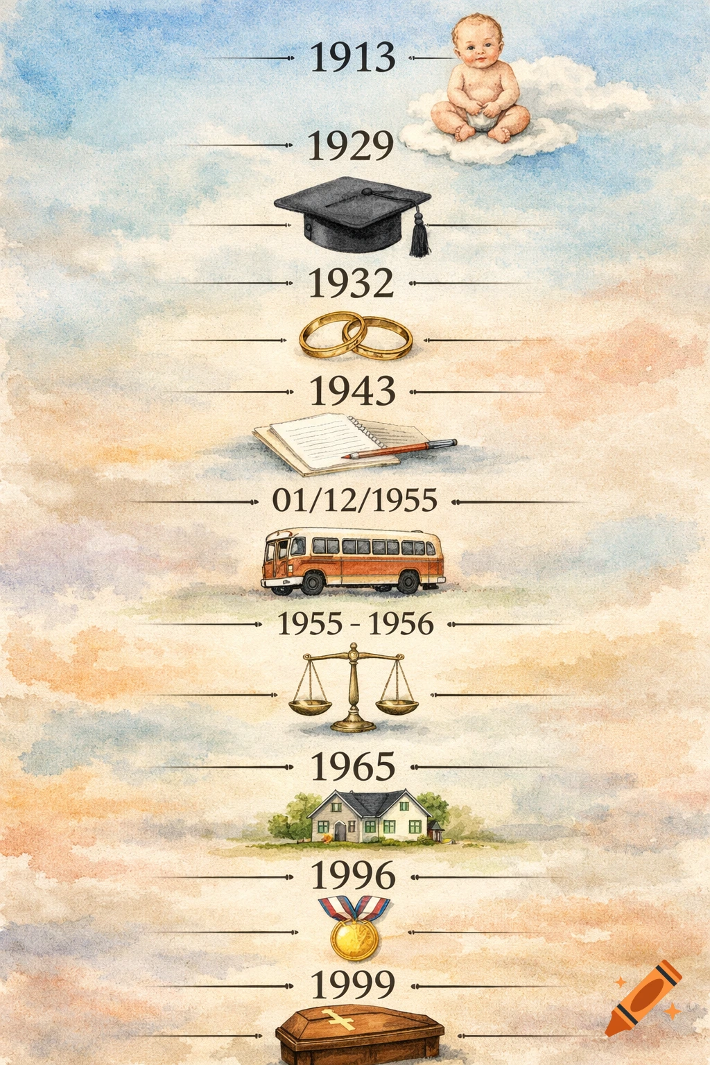 A watercolor timeline illustrating life stages, featuring symbols like a baby, graduation cap, wedding rings, bus, scales, house, medal, and coffin, each next to a date, on a cloudy background.