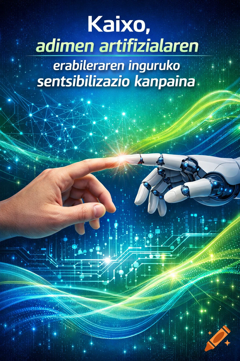 Human hand touches a robot hand with a glowing fingertip connection, set against a vibrant blue and green abstract digital background with circuit patterns.