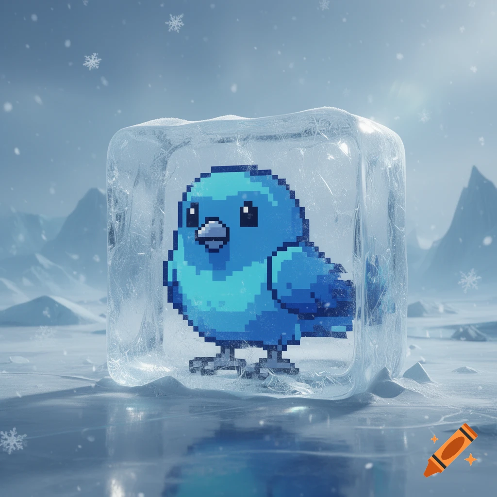 A cute pixelated blue bird trapped inside a clear ice cube in a snowy mountain landscape with falling snowflakes.