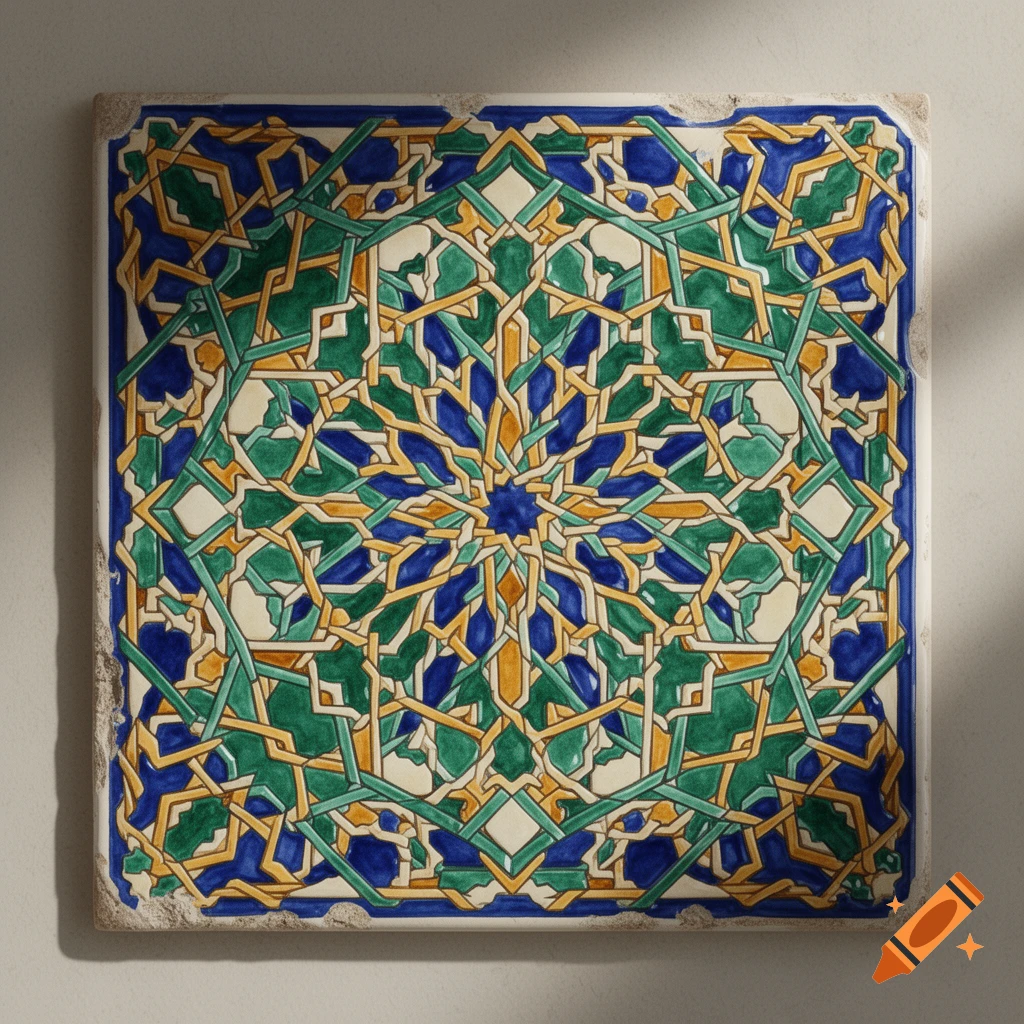 A square ceramic tile with an intricate blue, green, and yellow geometric starburst pattern.