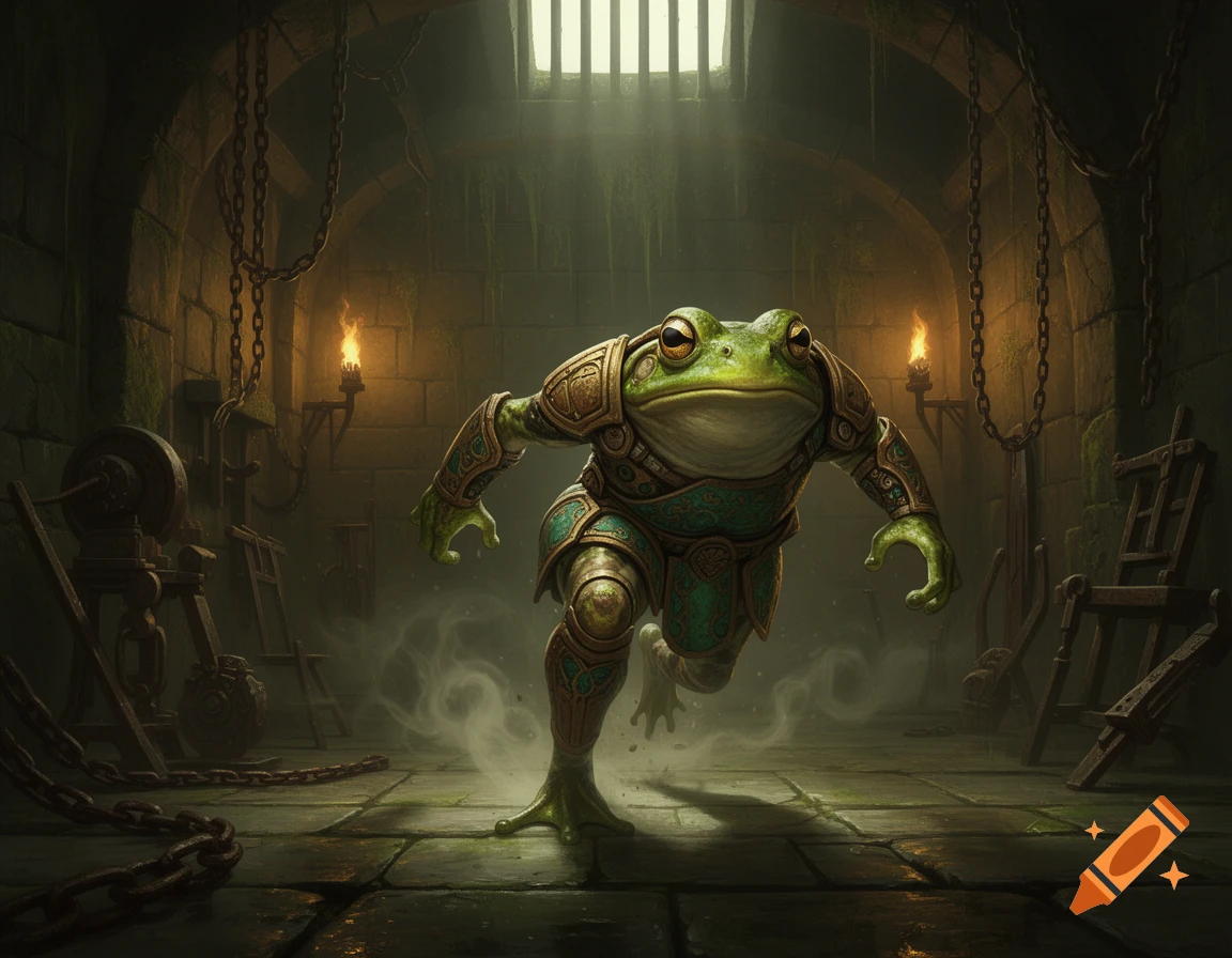 A warrior frog in ornate armor runs through a dimly lit stone dungeon with chains and torches.