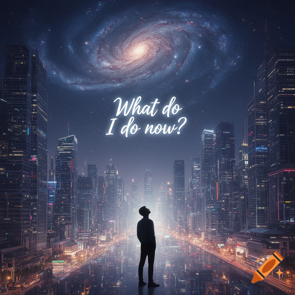 A lone figure stands on a reflective surface in a futuristic city at night, gazing up at a galaxy, with the text 'What do I do now?'