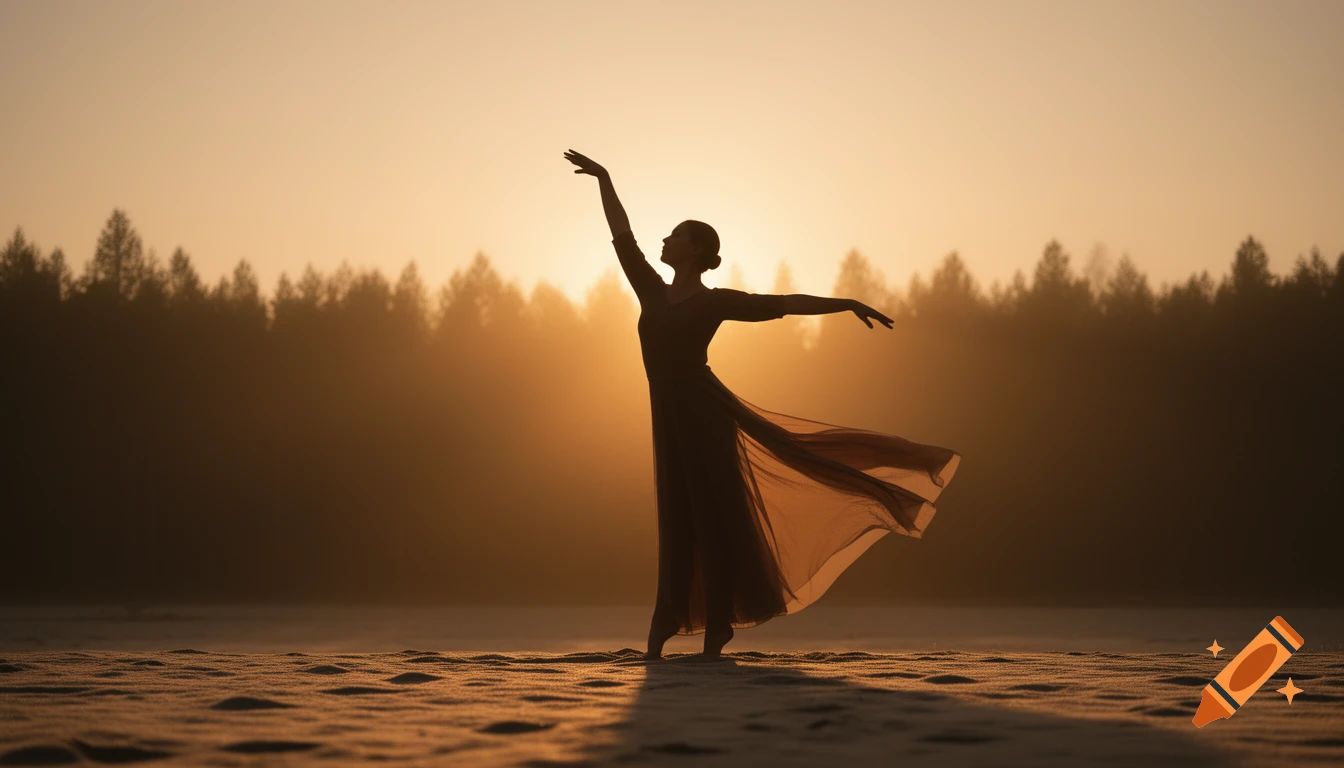 A graceful dancer's silhouette in a flowing dress, arms extended, backlit by a golden hour sunset over a misty forest and textured ground.