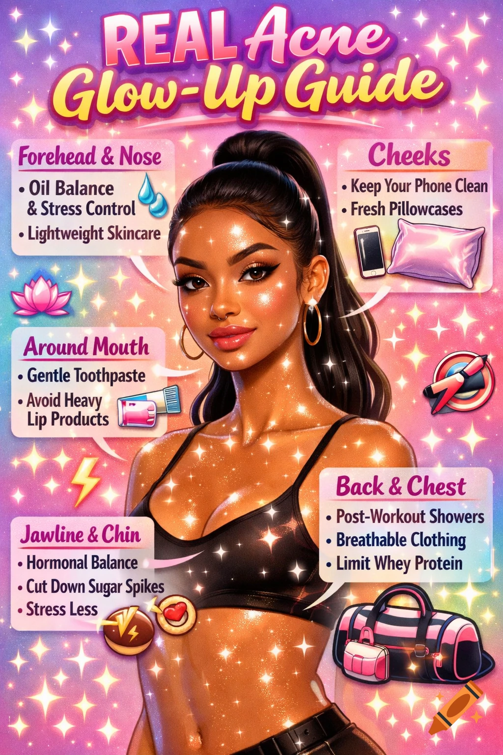 Stylized infographic poster titled "REAL Acne Glow-Up Guide" featuring a woman with glowing skin, surrounded by tips and icons for acne care.
