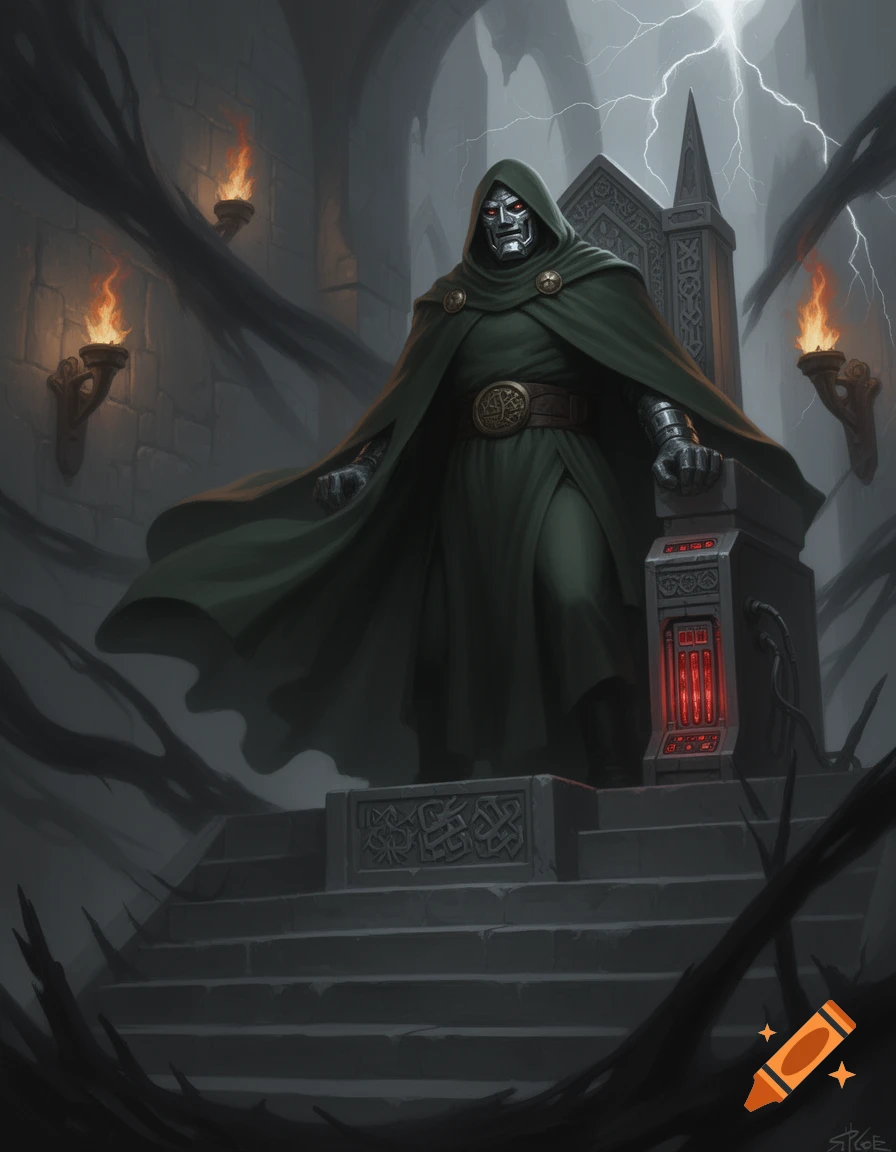 Dr. Doom in green cloak and silver mask on a throne in a dark, lightning-struck castle.