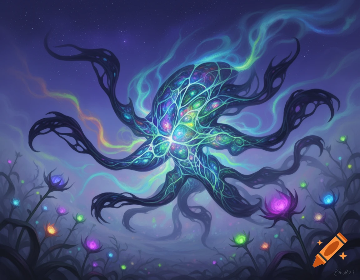A vibrant, abstract alien creature with intricate, glowing patterns and multiple dark tentacles floats above a field of luminous, colorful plants under a starry, purple night sky.