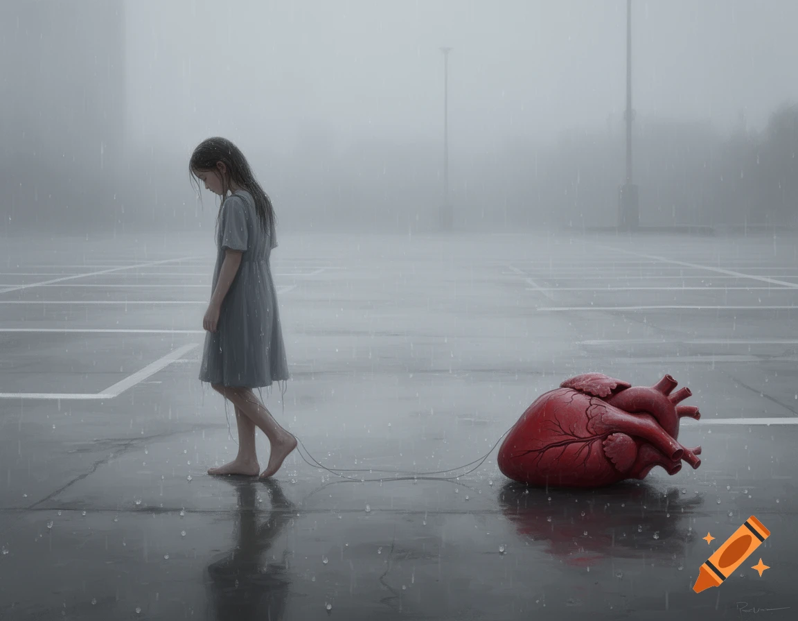 A barefoot girl in a gray dress walks through a rainy, misty parking lot, dragging a large red anatomical heart behind her.
