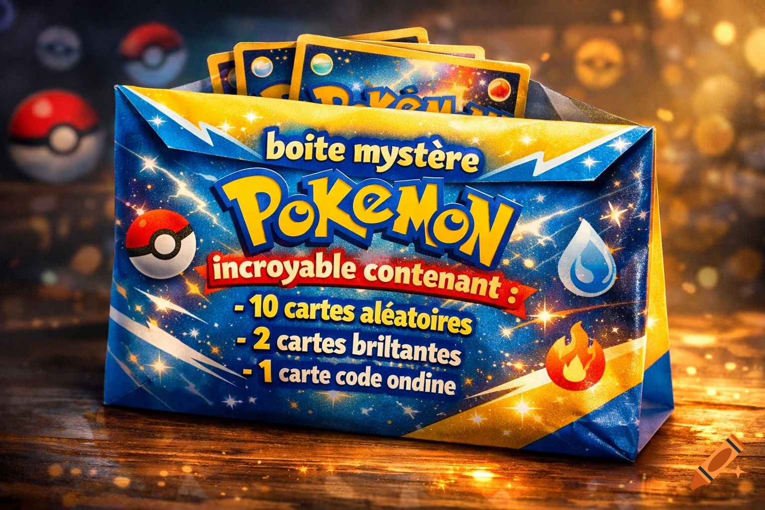 A brightly lit close-up of a blue and yellow Pokemon mystery box containing trading cards, with blurred Pokeballs in the background.