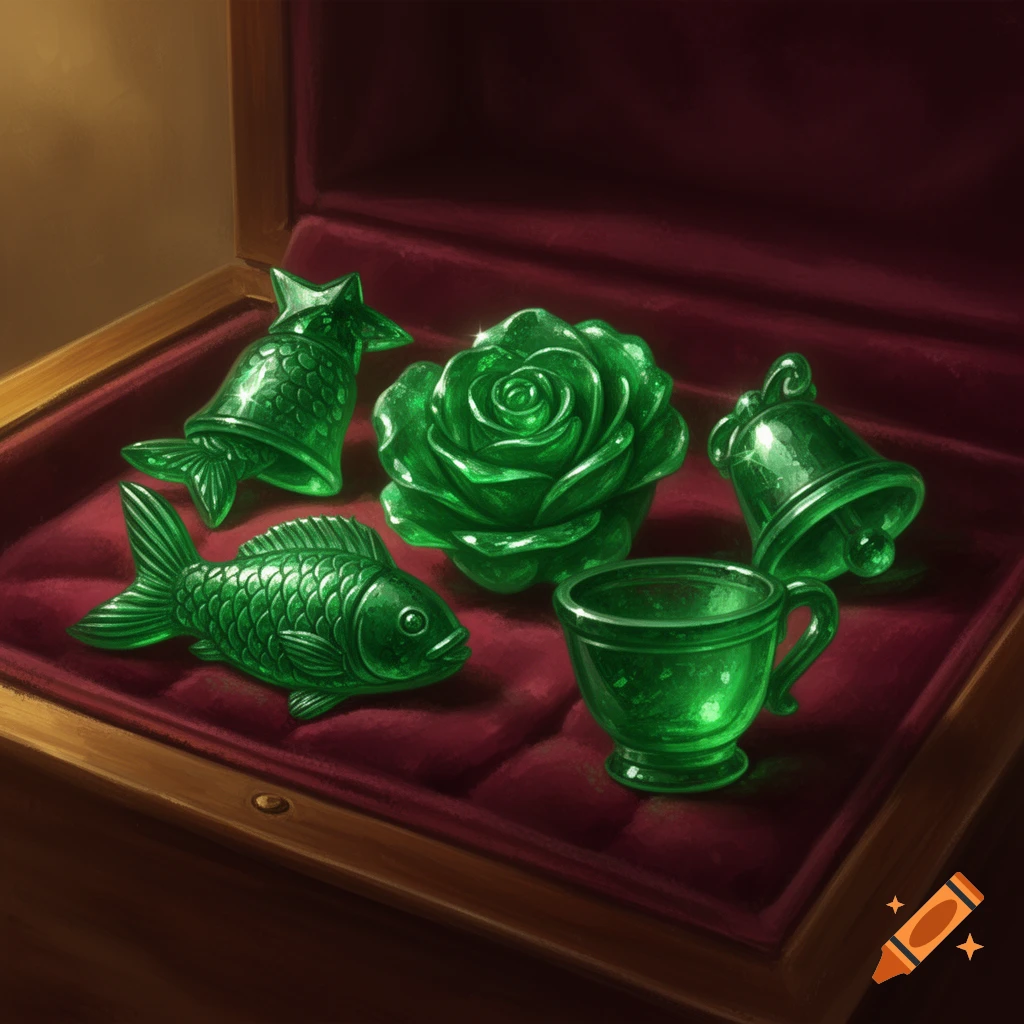 Five gleaming green emerald-like objects in a velvet-lined wooden box, including shapes of a rose, fish, bell, and cup.
