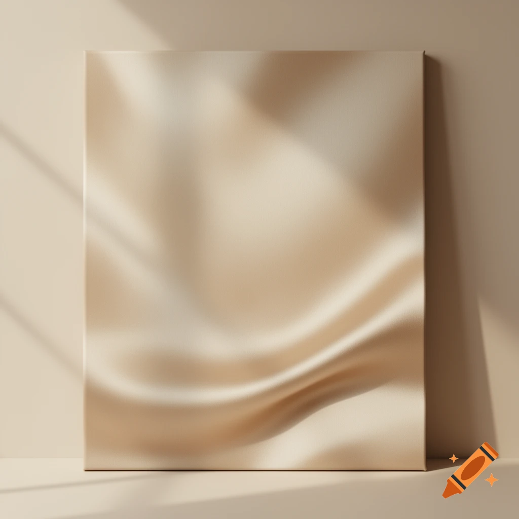 A soft beige aesthetic background with a satin texture, warm natural light, and subtle shadows.