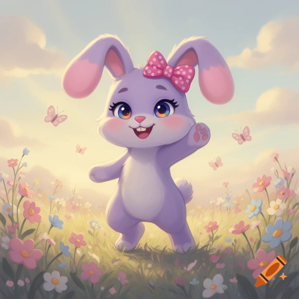 A cute purple cartoon bunny with a pink polka-dot bow waves in a sunny field of colorful flowers with butterflies.