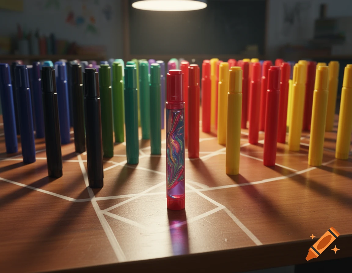 An army of colorful markers stands arranged on a wooden table, with one multi-colored marker at the forefront.