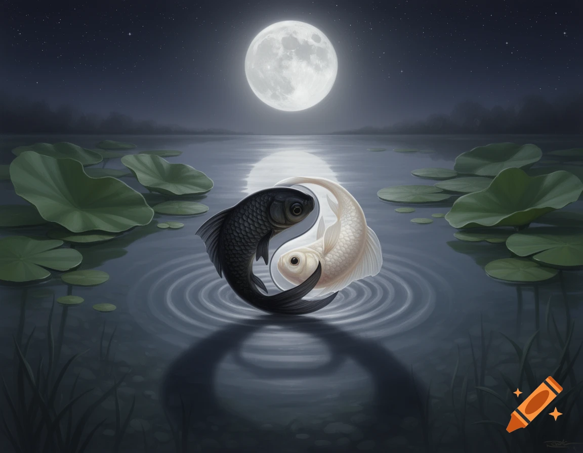 A black and a white fish form a yin-yang symbol in a moonlit pond with lily pads, reflecting the full moon in the night sky.