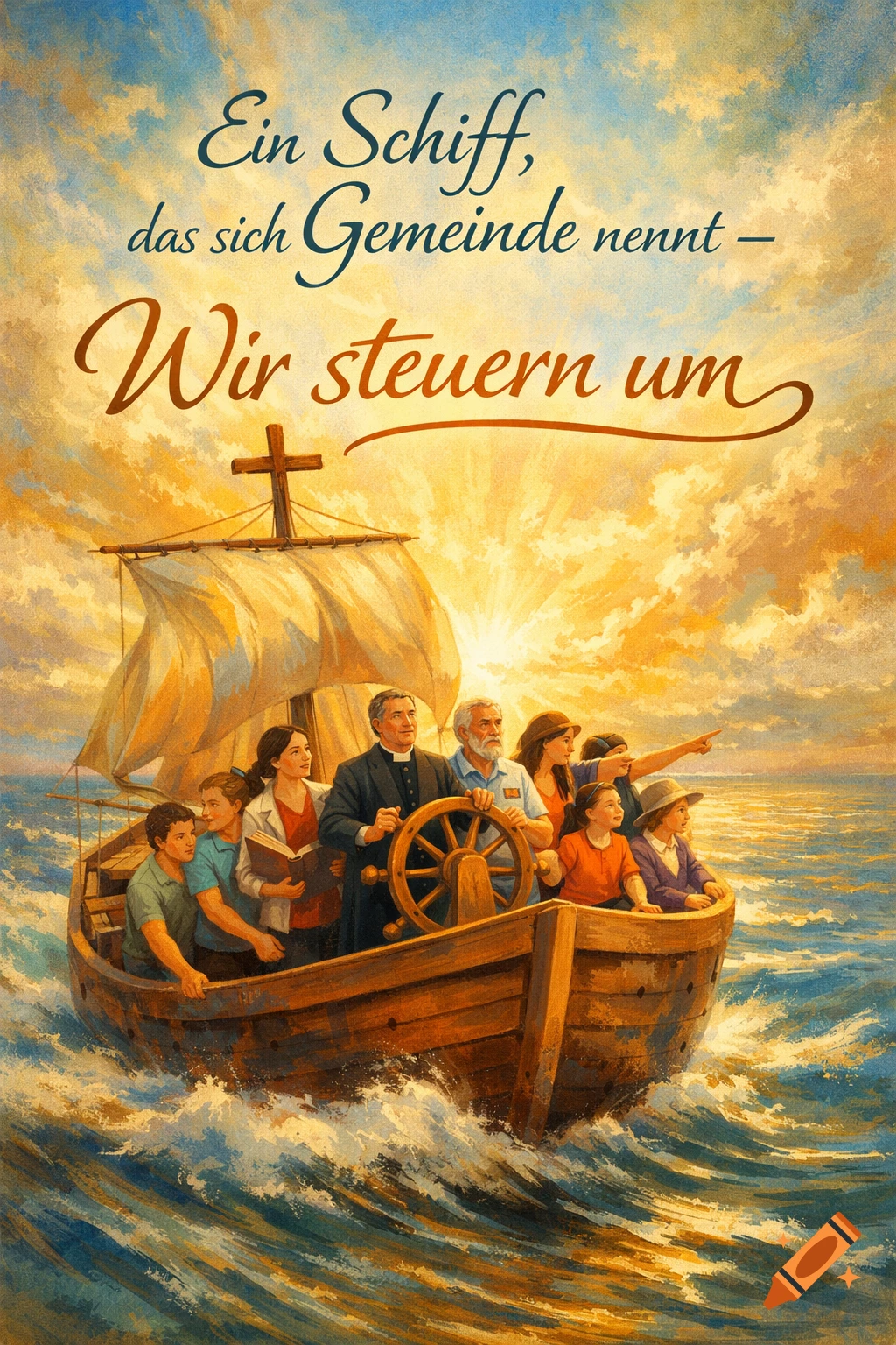 Painted illustration of diverse people on a wooden boat with a cross, sailing on a bright, wavy sea, with German text.