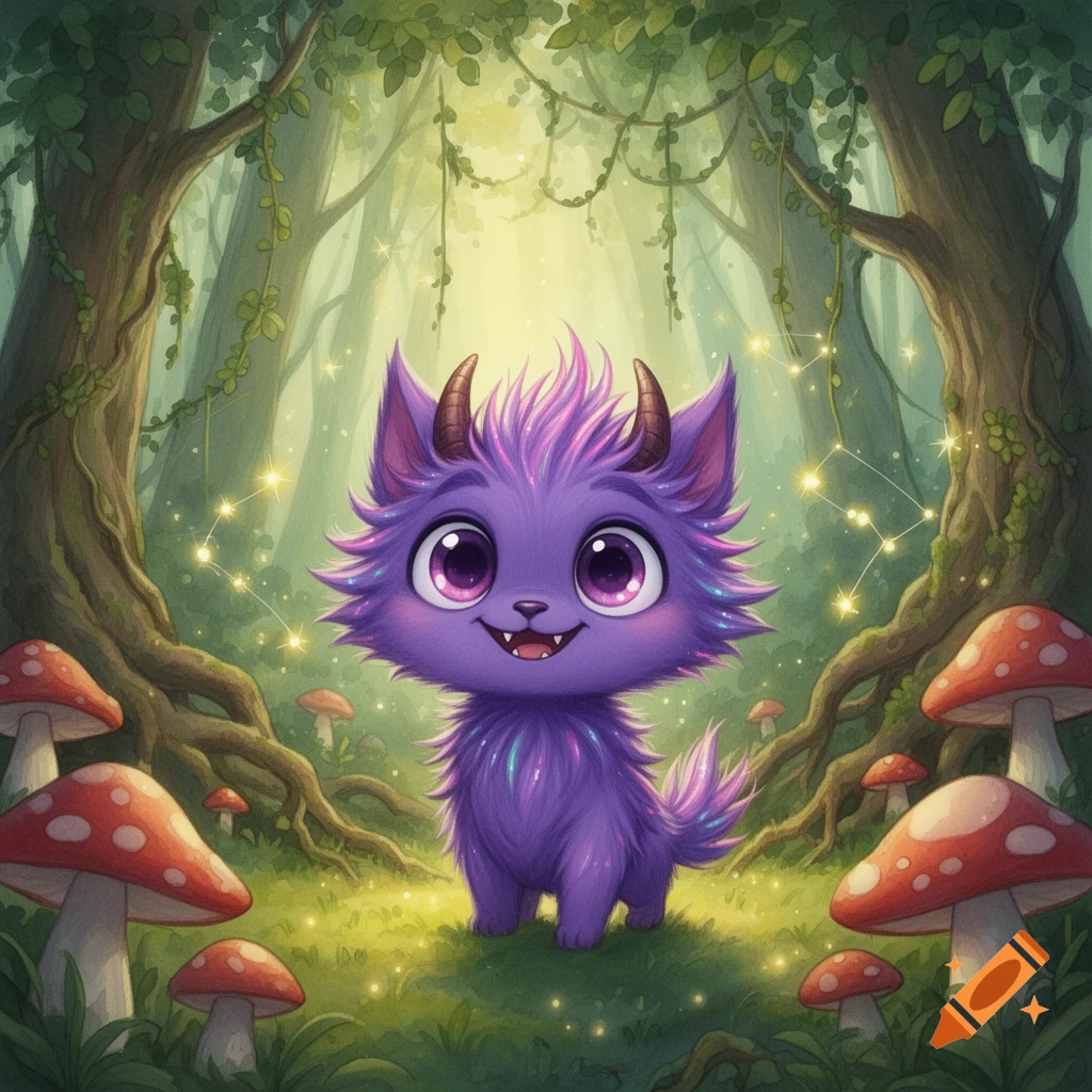A cute purple fuzzy monster with small horns and large eyes smiles in a magical forest with glowing lights and red mushrooms.
